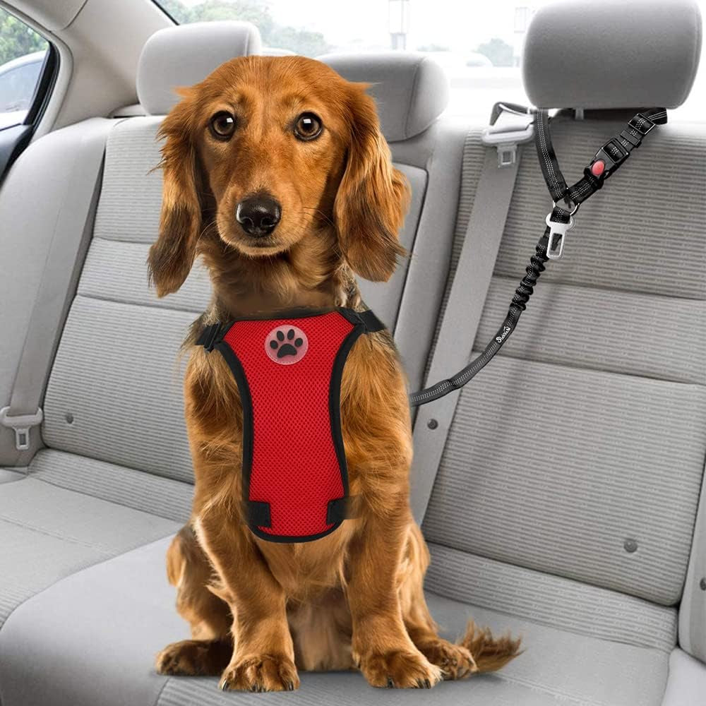 Dog Seat Belt for Car, 2 Pack Dog Car Harness Seatbelt Adjustable with Elastic Bungee Buffer, 2 in 1 Pet Car Leash Headrest Restraint Dog Reflective Safety Tether (Black, Headrest+Clip)