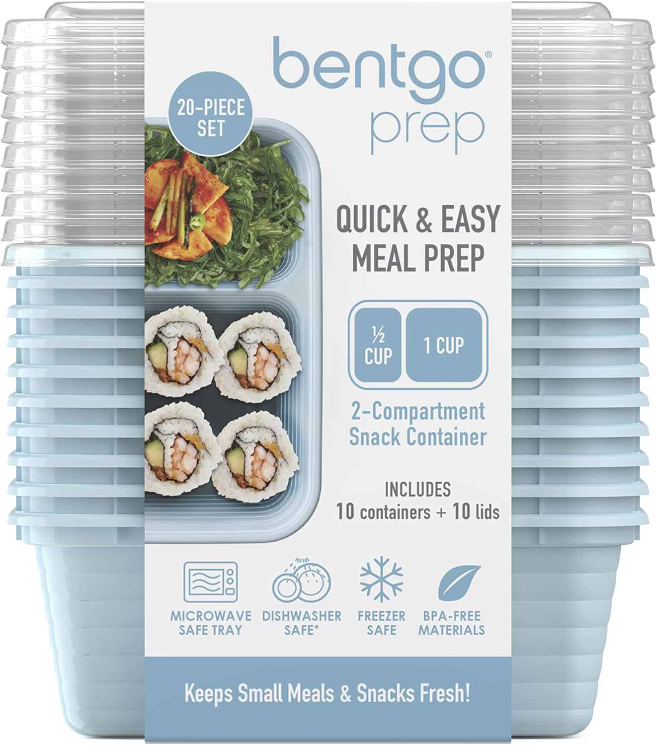 Prep - 2-Compartment Snack Containers with Lids - Reusable, Microwaveable, Durable PFAS & Bpa-Free, Freezer and Dishwasher-Safe Meal Prep Food Storage - 10 Trays & 10 Lids (Sky)