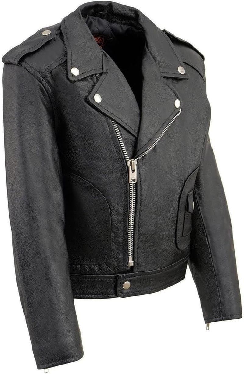 LKK1920 Boy'S Black Classic Leather Biker Jacket with Patch Pocket Style - Large