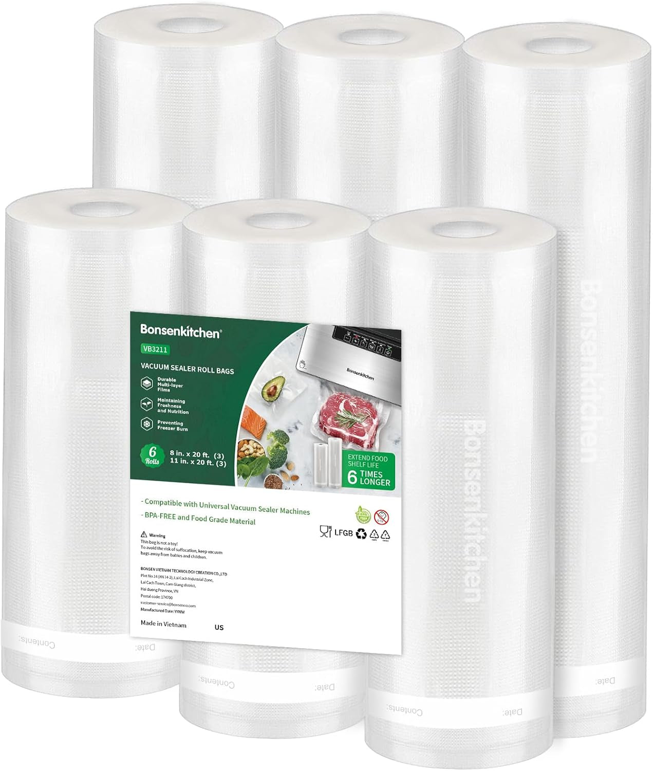 Vacuum Sealer Bags, 6 Pack 3 Rolls 11