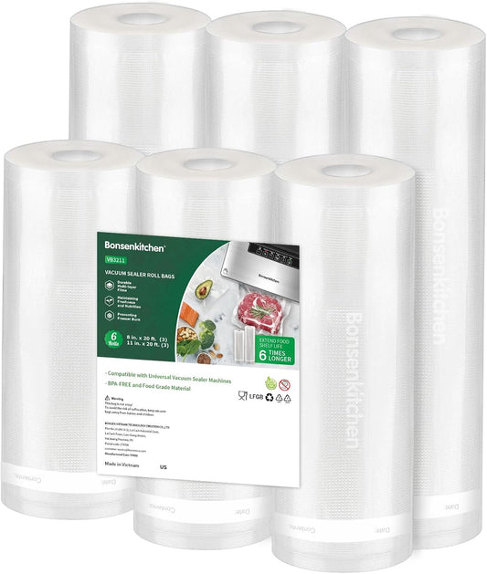 Vacuum Sealer Bags, 6 Pack 3 Rolls 11" X 20' + 3 Rolls 8" X 20' Food Sealer Bags, Food Grade, BPA Free, Customized Size Vcuum Bag for Vac Storage, Meal Prep or Sous Vide Cooking, VB3211