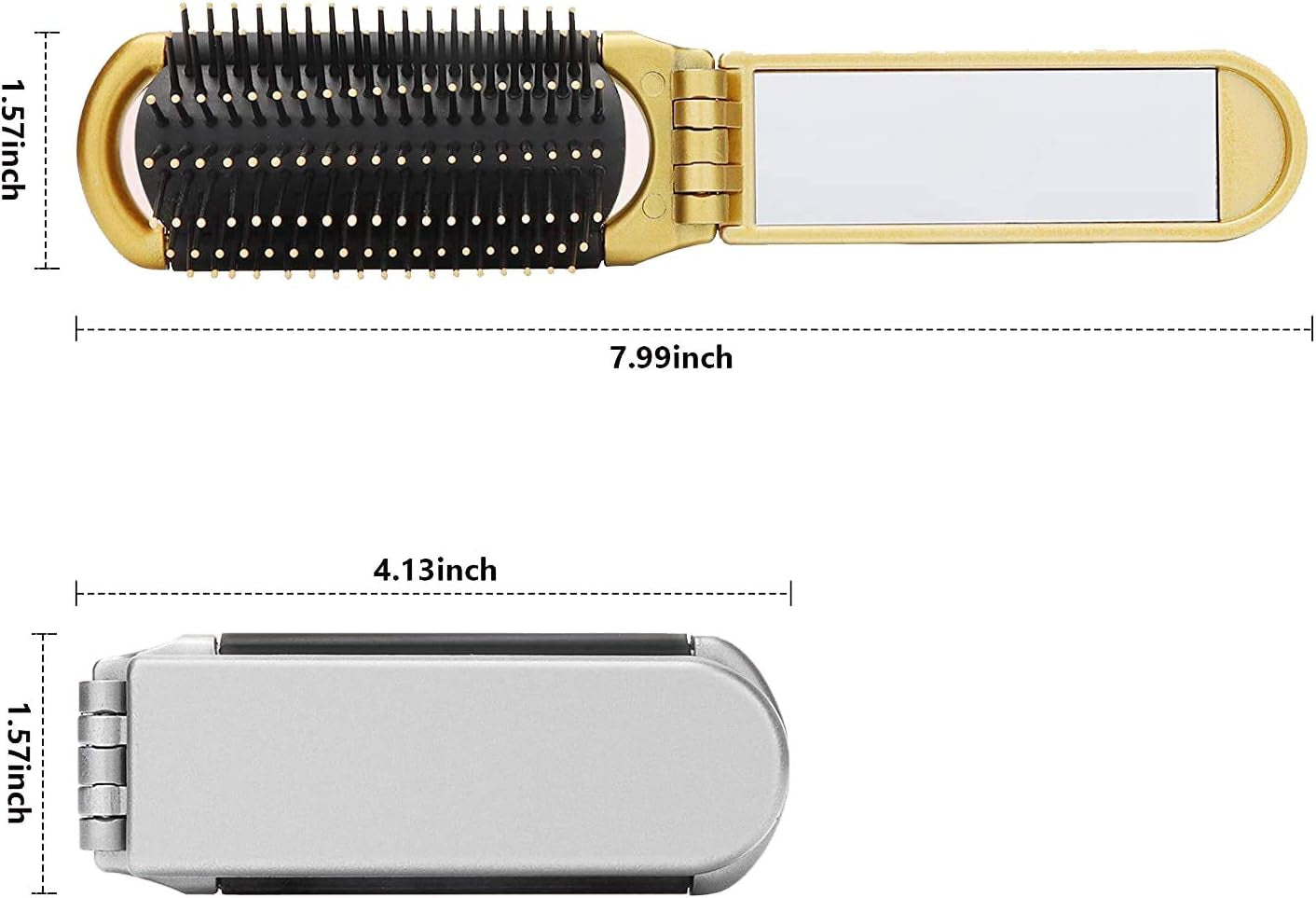 Hair Brush Set 2 Packs Mini Travel Folding Hairbrush with Mirror for Women Girls Compact Pocket Size Comb for Purse, Gym, Trip, Swiming (2Pcs, Gold&Silver)