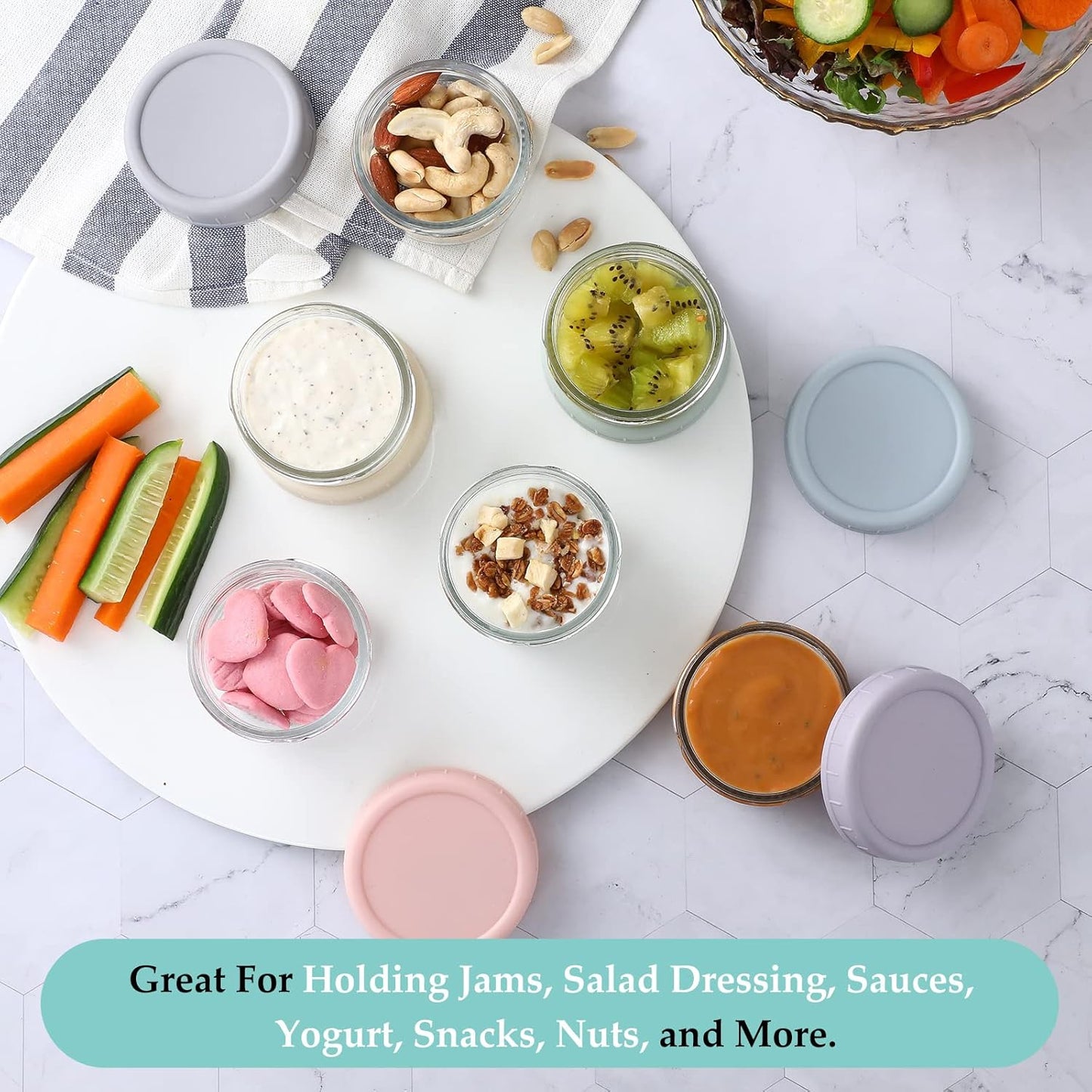 [6 Pack] Salad Dressing Container to Go, 2.7 Oz Glass Small Condiment with Lids, Dipping Sauce Cups Set, Leakproof Reusable for Lunch Box Work Trip.