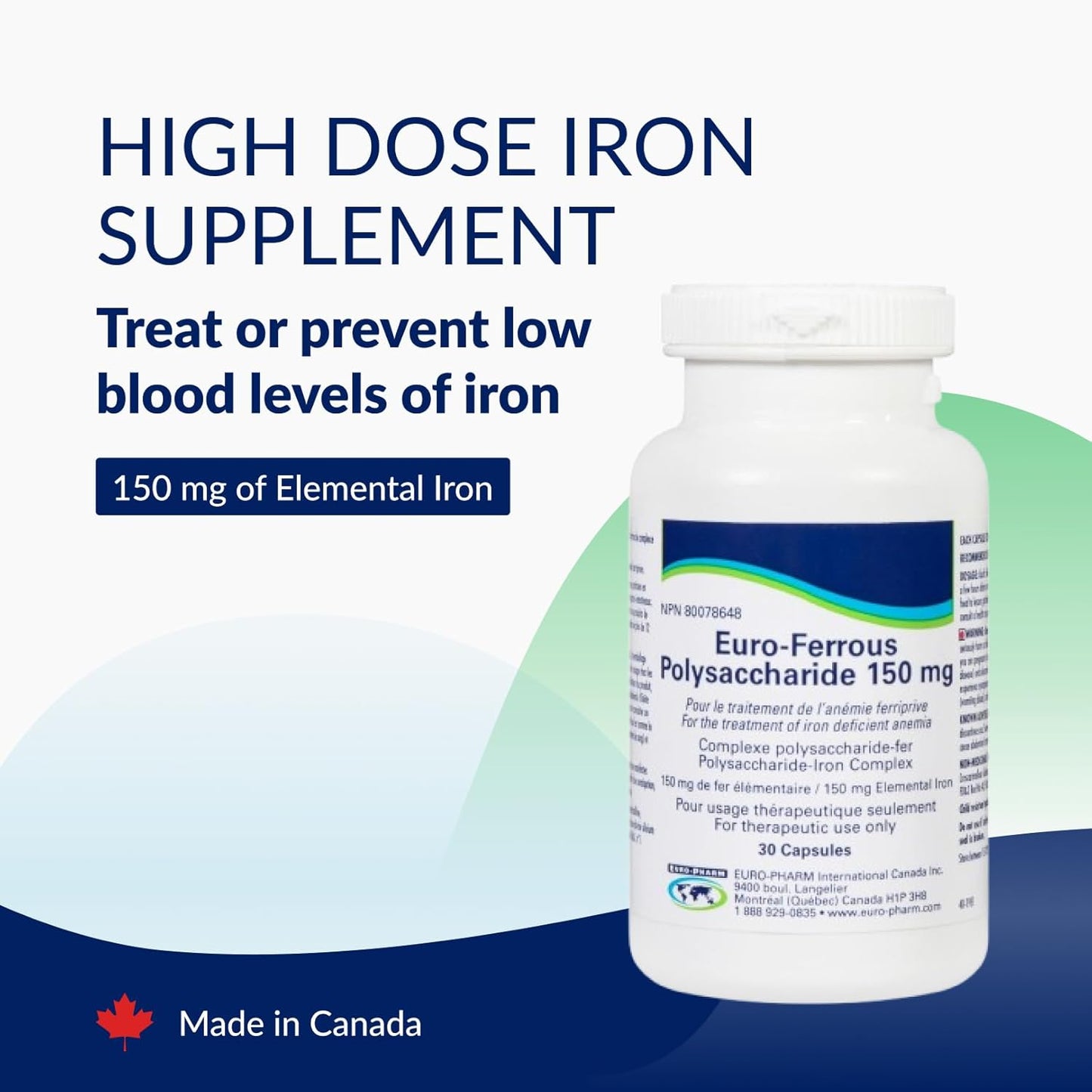 Premium Euro-Ferrous Polysaccharide 150Mg - 30 Vegan Capsules for Enhanced Iron Absorption, Once Daily for Iron Deficiency Anemia