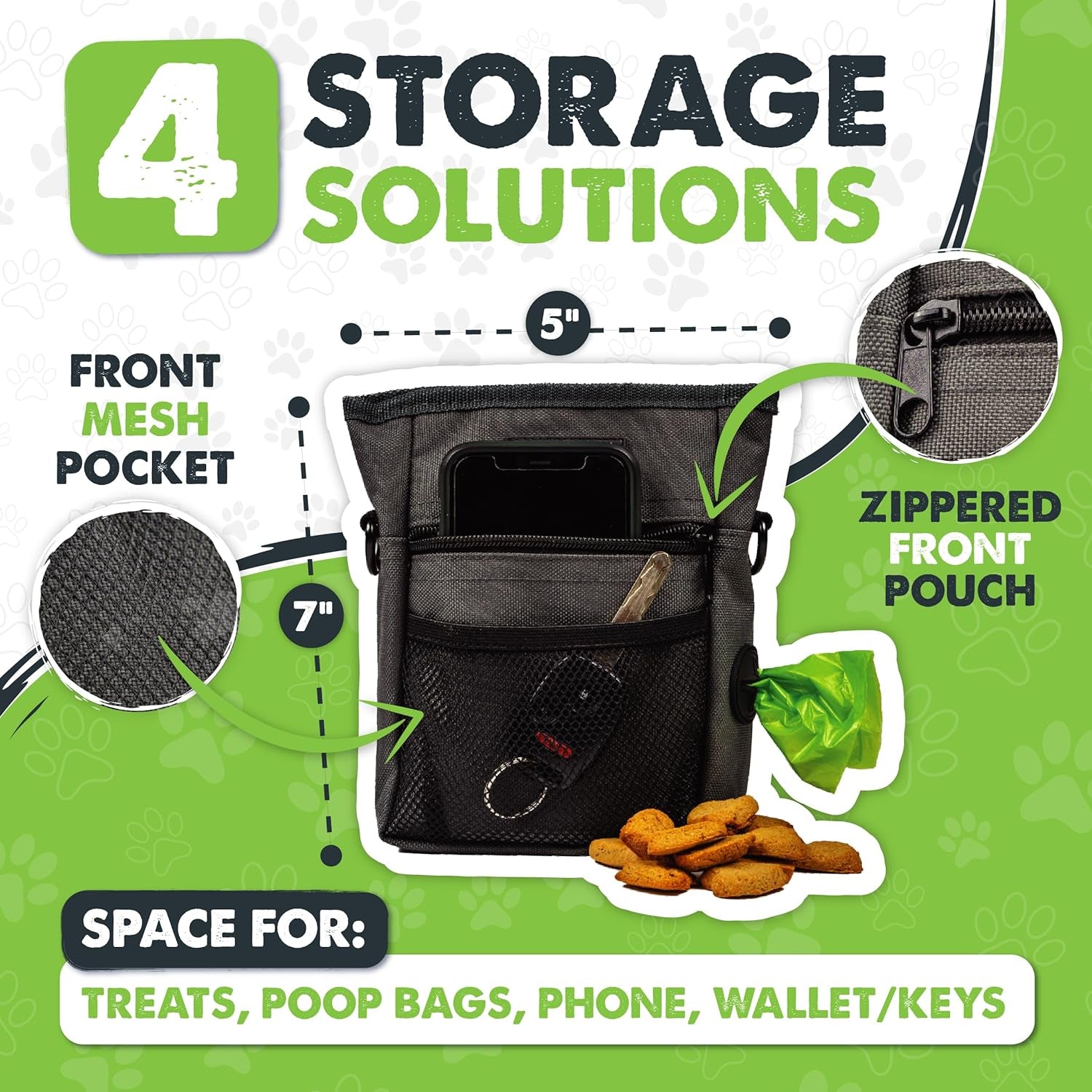 Dog Treat Pouch 2.0 | Pet Training Hands-Free Snack Bag W/Strap. Holds 2 Cups Kibble, Phone & Keys. Magnetic Clasp & Waist Belt Clip. Includes 1 Roll of Poop Bags (Green/Grey)
