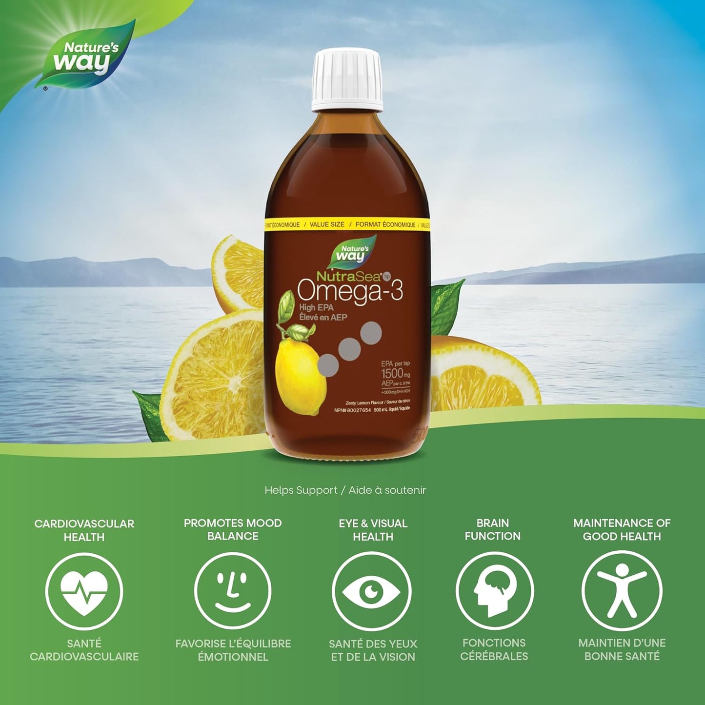 Nature'S Way  Hp Omega-3 High EPA – Omega-3 Supplement with Zesty Lemon Flavour – EPA and DHA Fish Oil – Support Healthy Heart and Brain Function in Kids and Adults, 500 Ml Liquid