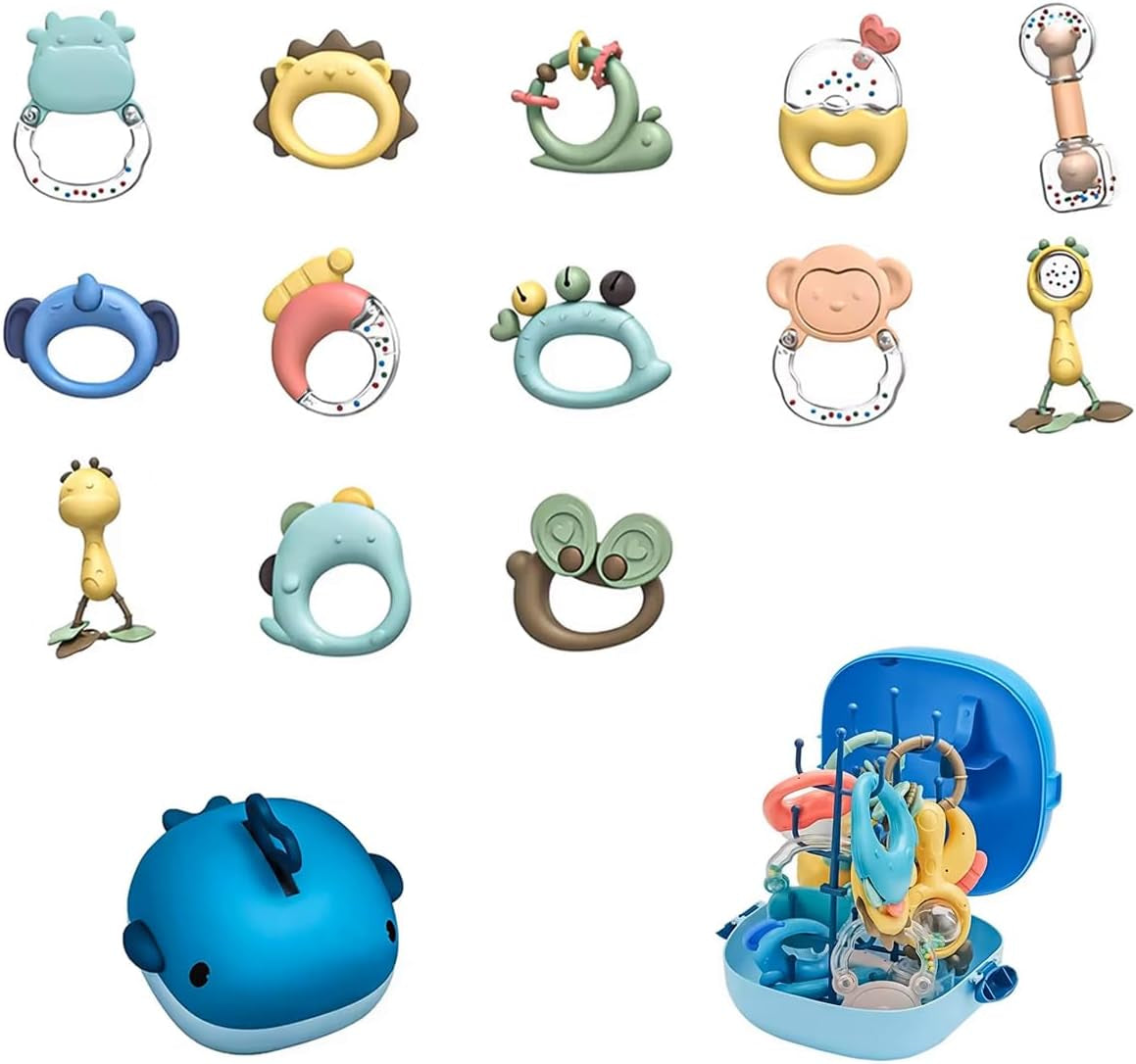 13 Pcs Baby Teether Rattle - Baby Essentials Sensory Toy with Storage Box and Dryer, Excellent Toys for Baby Shower Gifts as a Teething Toy for Infant Toys 0-3, 3-6, and 6-12 Months