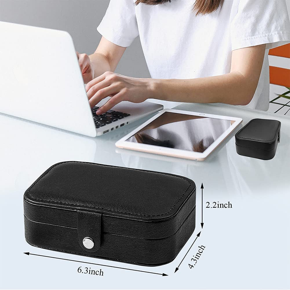 Travel Jewelry Box, PU Leather Small Jewelry Organizer for Women Girls, Double Layer Portable Mini Travel Case Display Storage Holder Boxes for Stud Earrings, Rings, Necklaces, Bracelets - Black