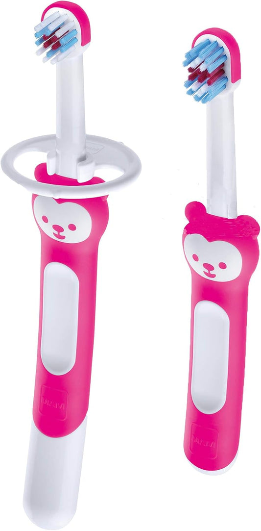 Learn to Brush Set (1 Baby'S Brush Toothbrush, 1 Training Brush, 1 Safety Shield), Baby Toothbrushes with Brushy the Bear, Interactive App, for Girls 5+ Months, Pink