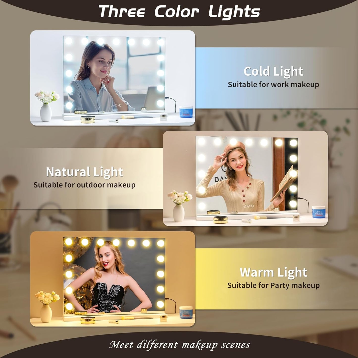 Vanity Mirror with Lights Lighted Makeup Mirror with 15 Dimmable LED Bulbs,3 Color Lighting Modes,Usb Charging Port Touch Control,Sturdy Metal Frame Design 24X18 Inch,White