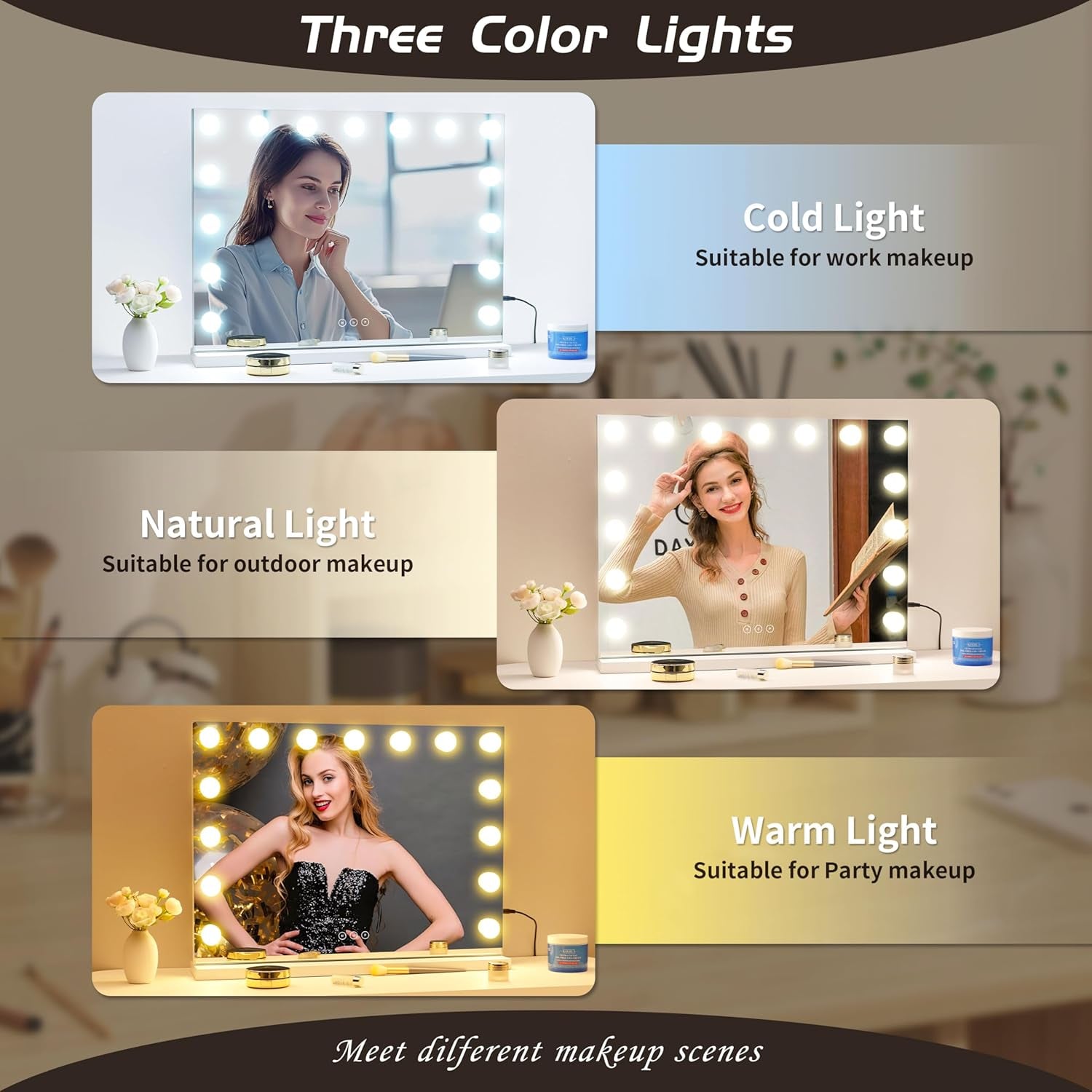 Vanity Mirror with Lights Lighted Makeup Mirror with 15 Dimmable LED Bulbs,3 Color Lighting Modes,Usb Charging Port Touch Control,Sturdy Metal Frame Design 24X18 Inch,White