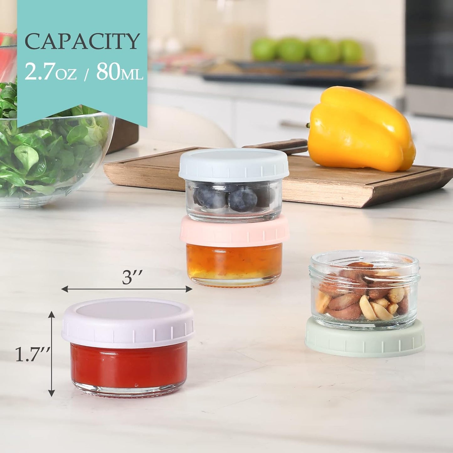 [6 Pack] Salad Dressing Container to Go, 2.7 Oz Glass Small Condiment with Lids, Dipping Sauce Cups Set, Leakproof Reusable for Lunch Box Work Trip.