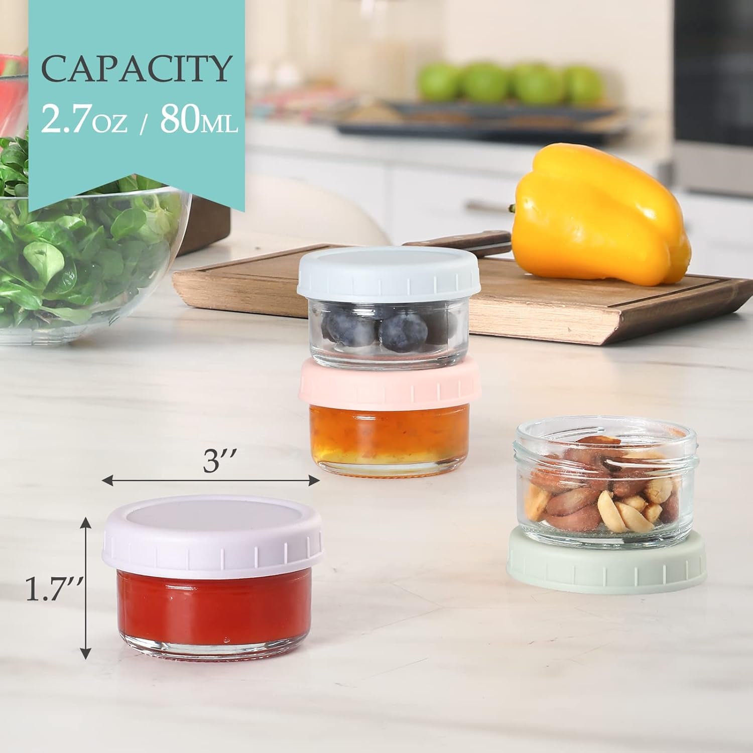 [6 Pack] Salad Dressing Container to Go, 2.7 Oz Glass Small Condiment with Lids, Dipping Sauce Cups Set, Leakproof Reusable for Lunch Box Work Trip.