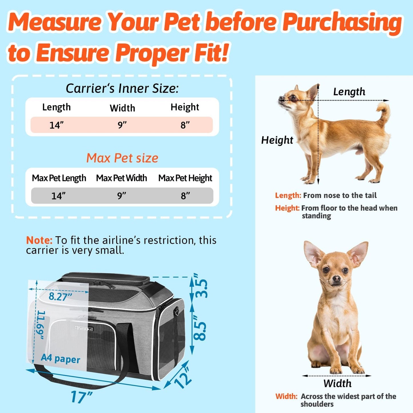 Top-Expandable Pet Carrier 17X12X8.5 Inches Jetblue Allegiant Spirit Airline Approved, Soft-Sided Carrier for Small Cats and Dogs with Locking Safety Zippers and Anti-Scratch Mesh(Grey)