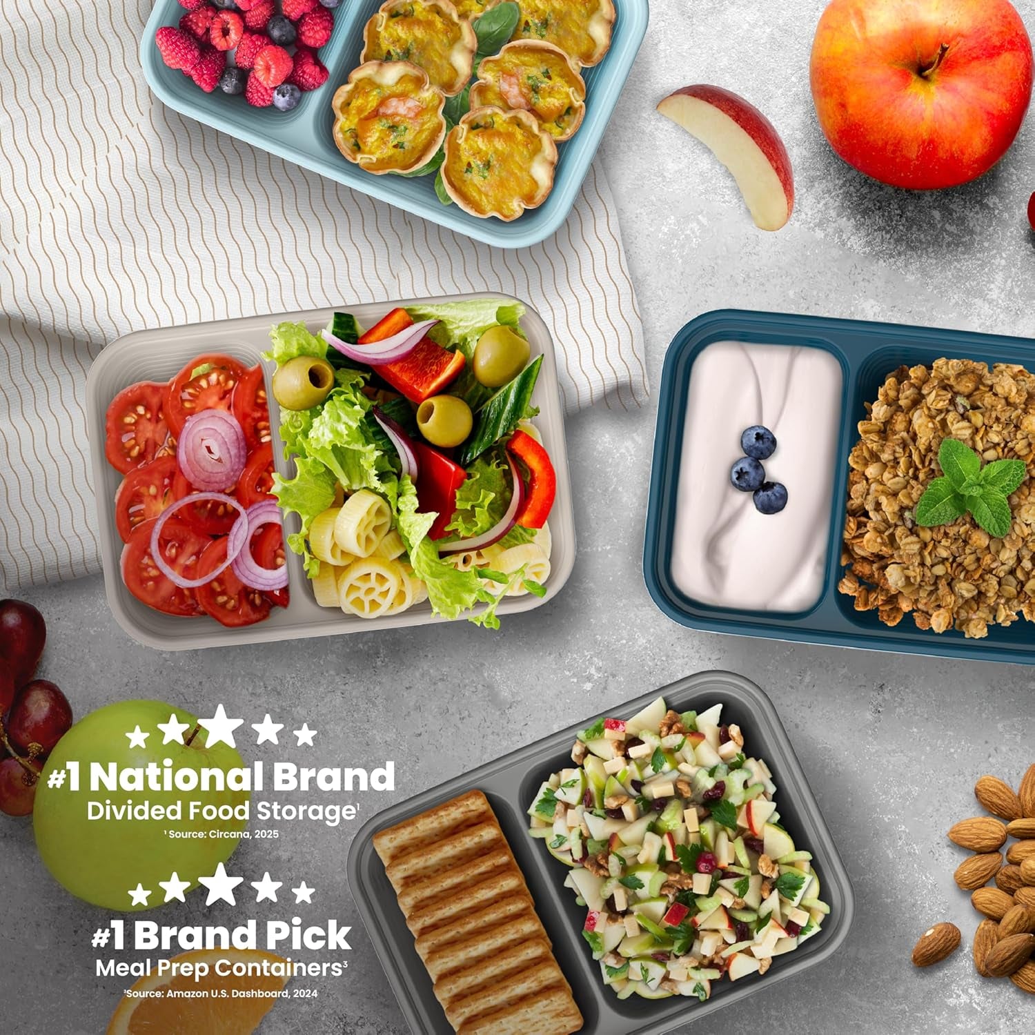 Prep - 2-Compartment Snack Containers with Lids - Reusable, Microwaveable, Durable PFAS & Bpa-Free, Freezer and Dishwasher-Safe Meal Prep Food Storage - 10 Trays & 10 Lids (Sky)