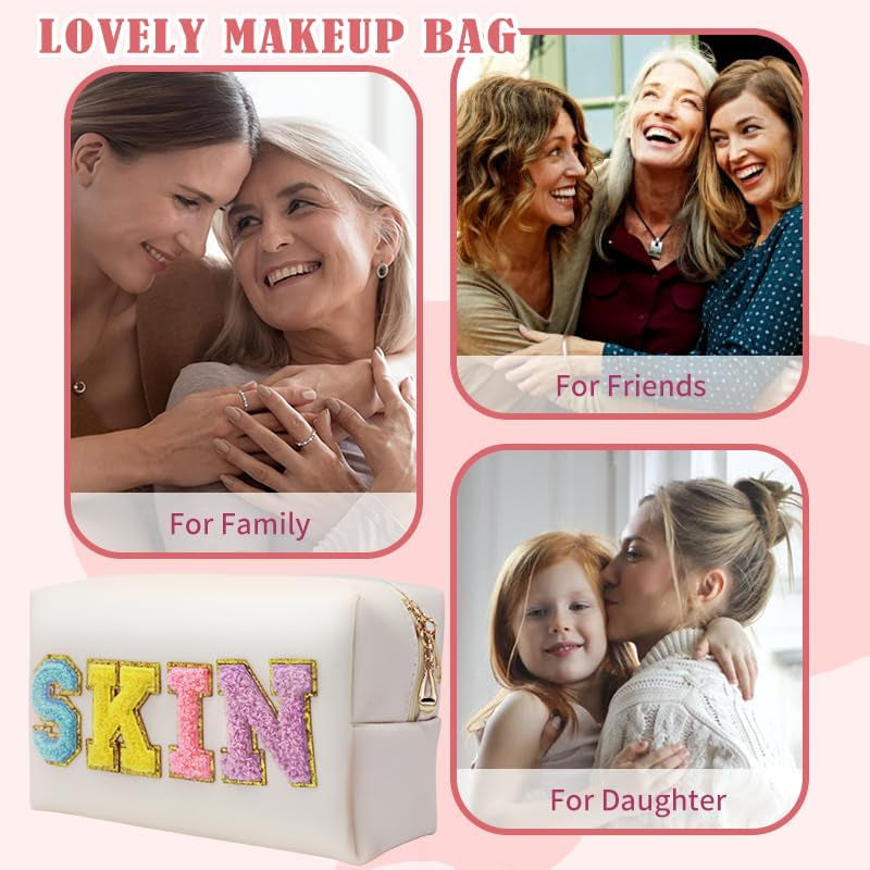 2 Preppy Patch Makeup Bag Chenille Letters Cosmetic Bag Personalized Initial Cute Face Skin Pu Leather Portable Waterproof Toiletry Bag with 1Silicone Keychain Travel Make up Bag for Women Teen Girls