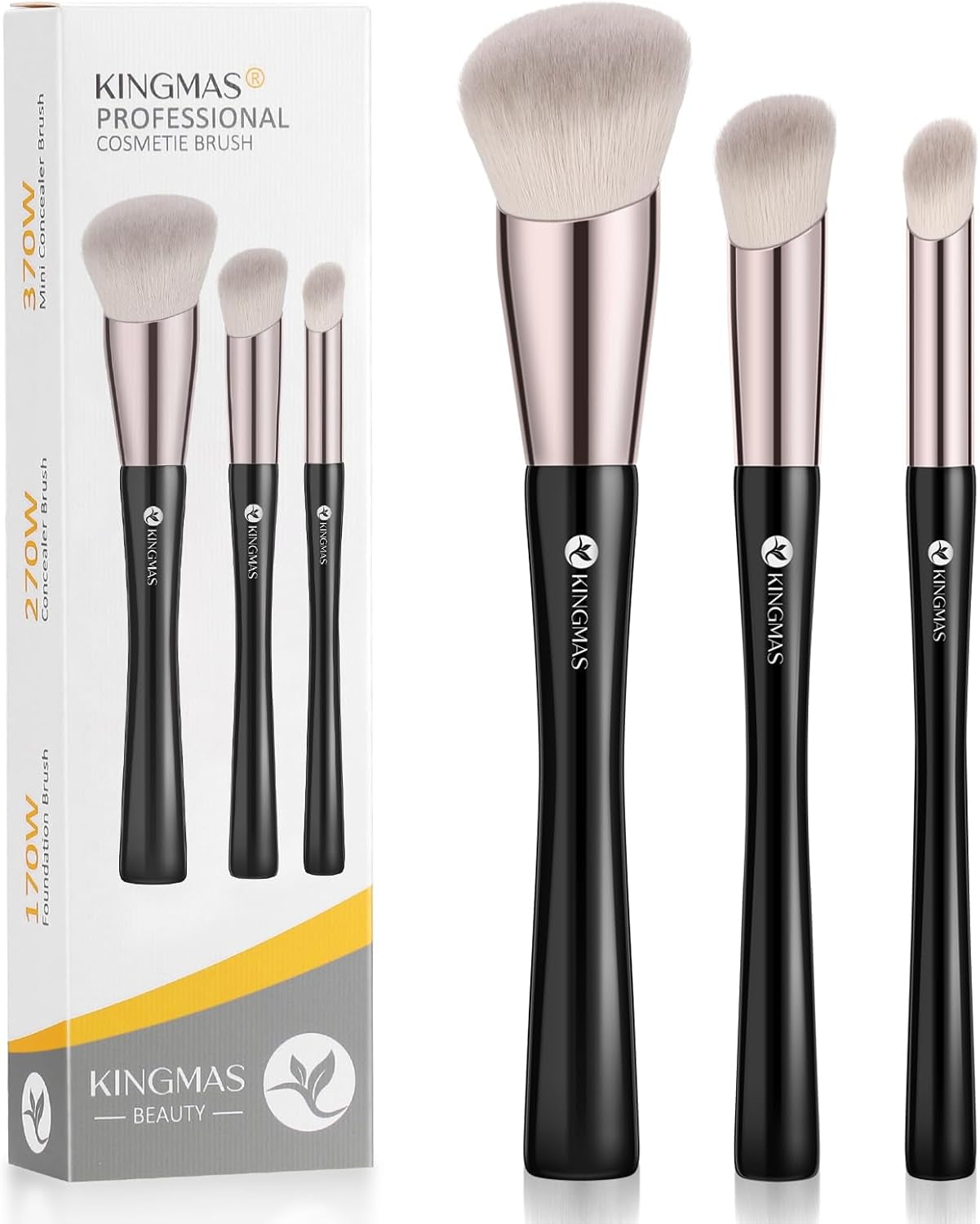 Angled Foundation Brush Concealer Brush, Premium Kabuki Makeup Brush for Liquid, Blending, Cream, Powder, Blush Buffing Stippling Face Makeup Tools White (Black, 3Pcs (170W/270W/370W))