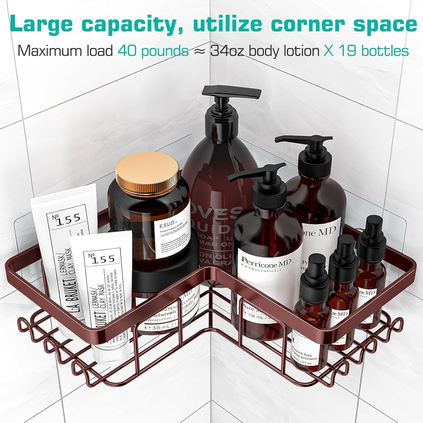 Corner Shower Caddy, 3-Pack Adhesive Shower Caddy with Soap Holder and 12 Hooks, Rustproof Stainless Steel, No Drilling Wall Mounted Rack Organizer, for Bathroom, Bronze