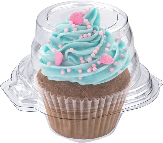 Individual Plastic Cupcake Containers Disposable with Connected Airtight Dome Lid (50 Count) Clear Single Cupcake Holder Carrier Boxes, BPA Free