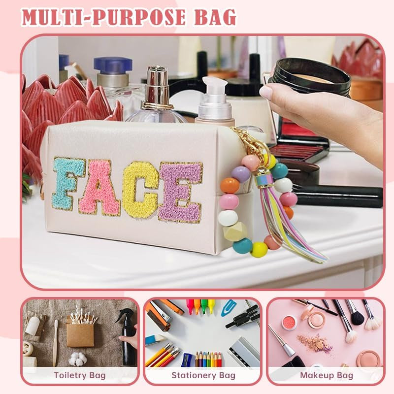 2 Preppy Patch Makeup Bag Chenille Letters Cosmetic Bag Personalized Initial Cute Face Skin Pu Leather Portable Waterproof Toiletry Bag with 1Silicone Keychain Travel Make up Bag for Women Teen Girls