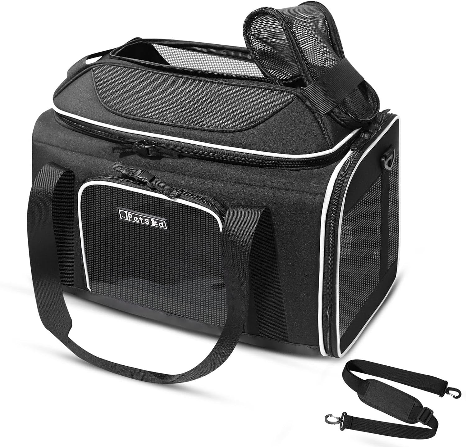 Top-Expandable Pet Carrier 18X11X11 Inches Delta American United Airline Approved, Soft-Sided Carrier for Small Cats and Dogs with Locking Safety Zippers and Anti-Scratch Mesh(Black)