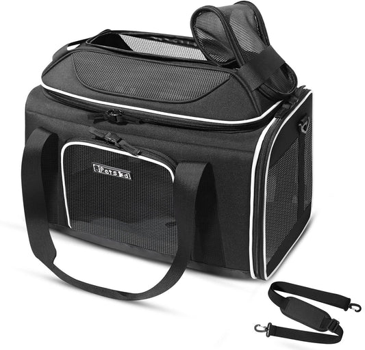 Top-Expandable Pet Carrier 18X11X11 Inches Delta American United Airline Approved, Soft-Sided Carrier for Small Cats and Dogs with Locking Safety Zippers and Anti-Scratch Mesh(Black)