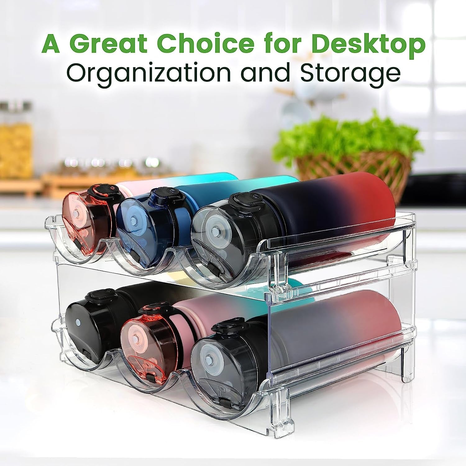 Water Bottle Organizer for Cabinet, 2 Packs Water Bottle Storage Rack, Water Bottle Holder for Cabinet, Stackable Water Bottle Storage Rack