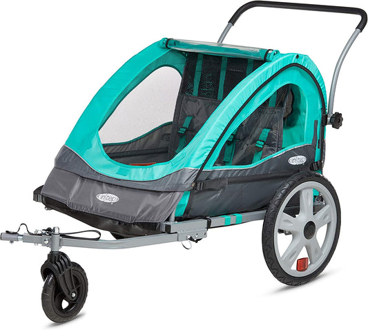 Quick-N-Ez Double Tow behind Bike Trailer for Toddlers, Kids, Converts to Stroller, Jogger, 2-In-1 Canopy, Universal Bicycle Coupler, Folding Frame, Multiple Colors