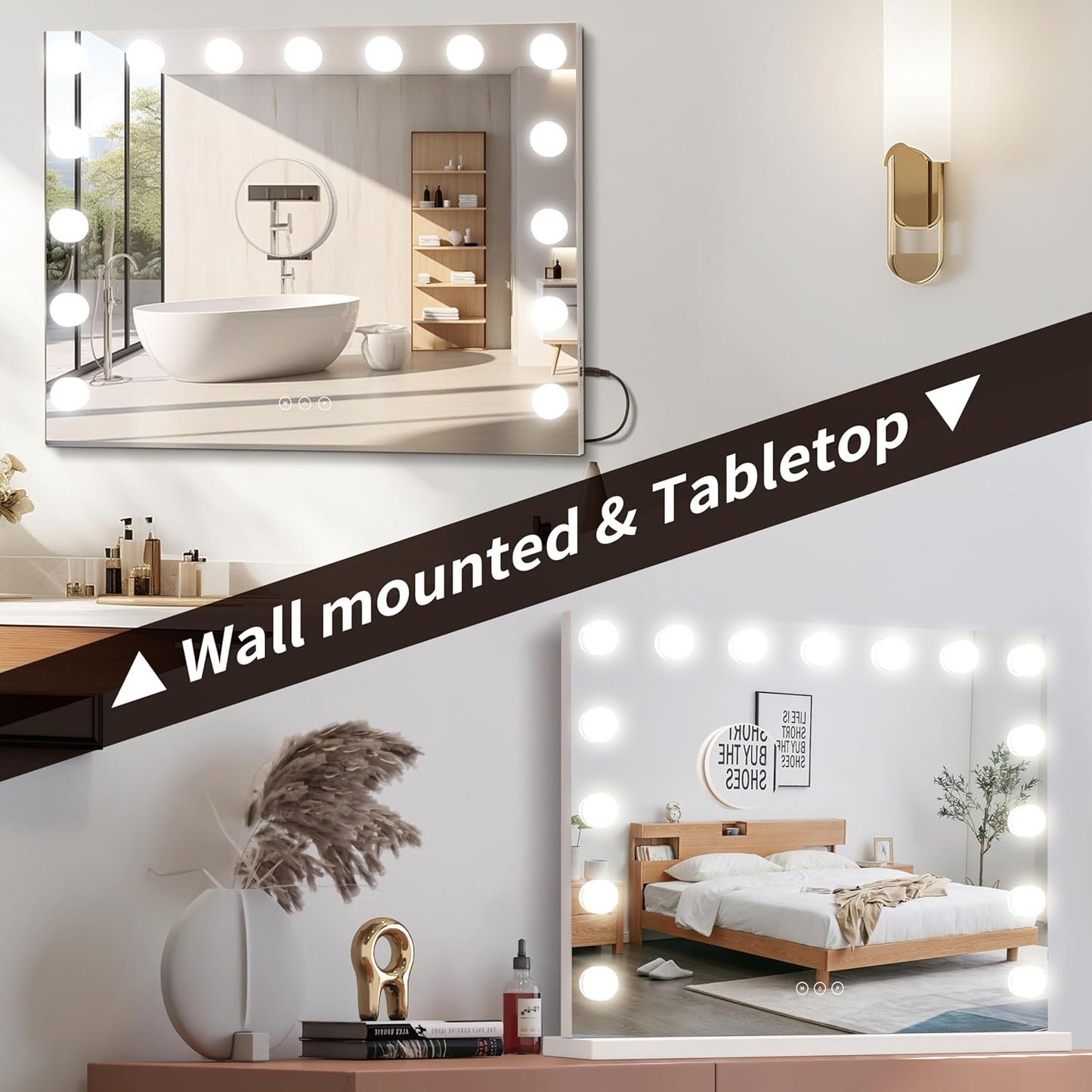 Vanity Mirror with Lights Lighted Makeup Mirror with 15 Dimmable LED Bulbs,3 Color Lighting Modes,Usb Charging Port Touch Control,Sturdy Metal Frame Design 24X18 Inch,White