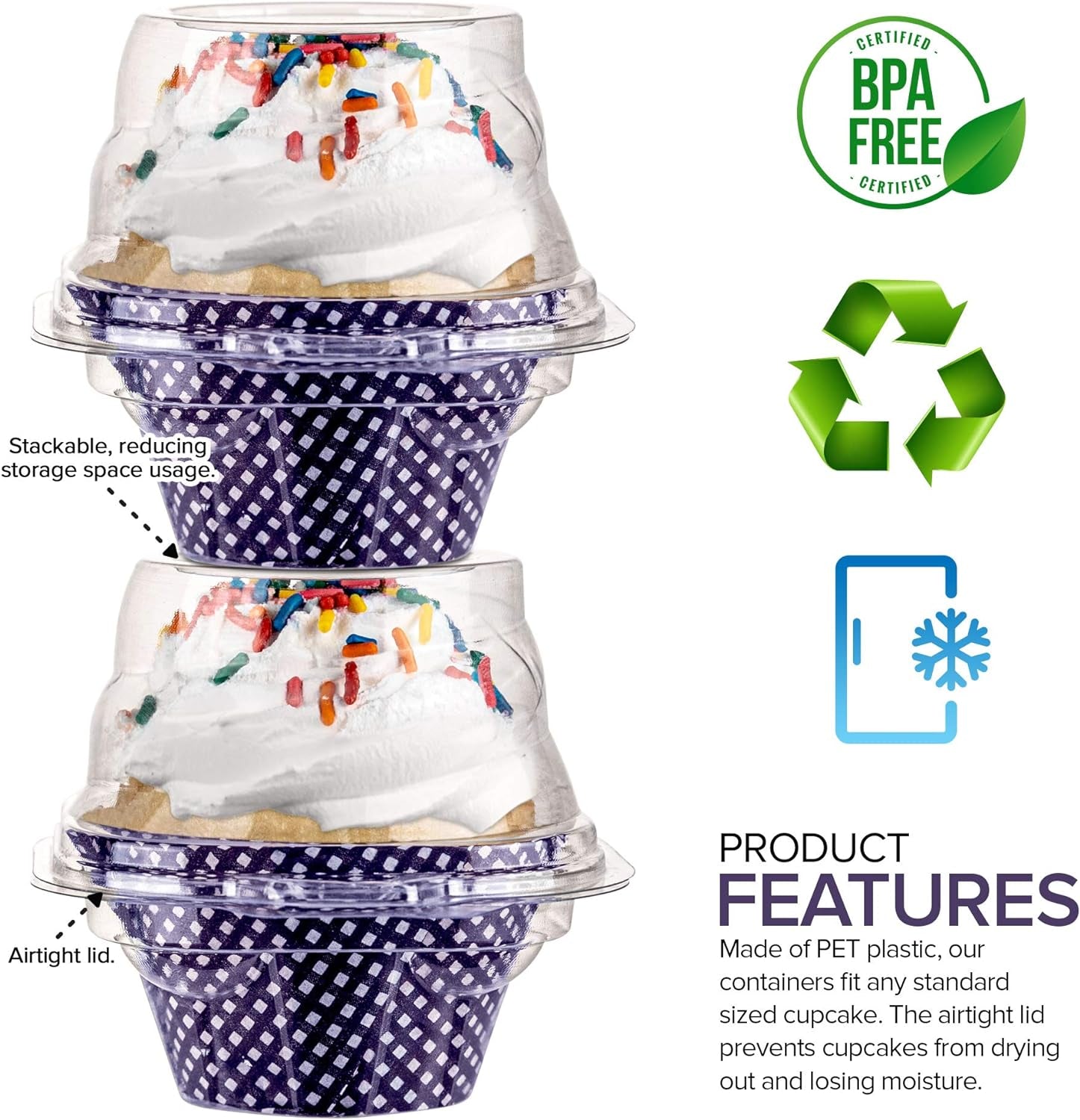 Individual Plastic Cupcake Containers Disposable with Connected Airtight Dome Lid (50 Count) Clear Single Cupcake Holder Carrier Boxes, BPA Free