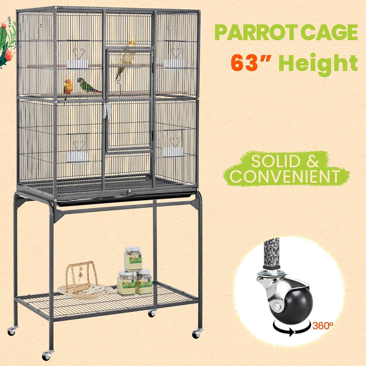 63-Inch Wrought Iron Rolling Large Bird Cage for African Grey Small Quaker Amazon Parrots Cockatiels Sun Parakeet Green Cheek Conure Lovebird Budgie Finch Canary Bird Flight Cage with Stand