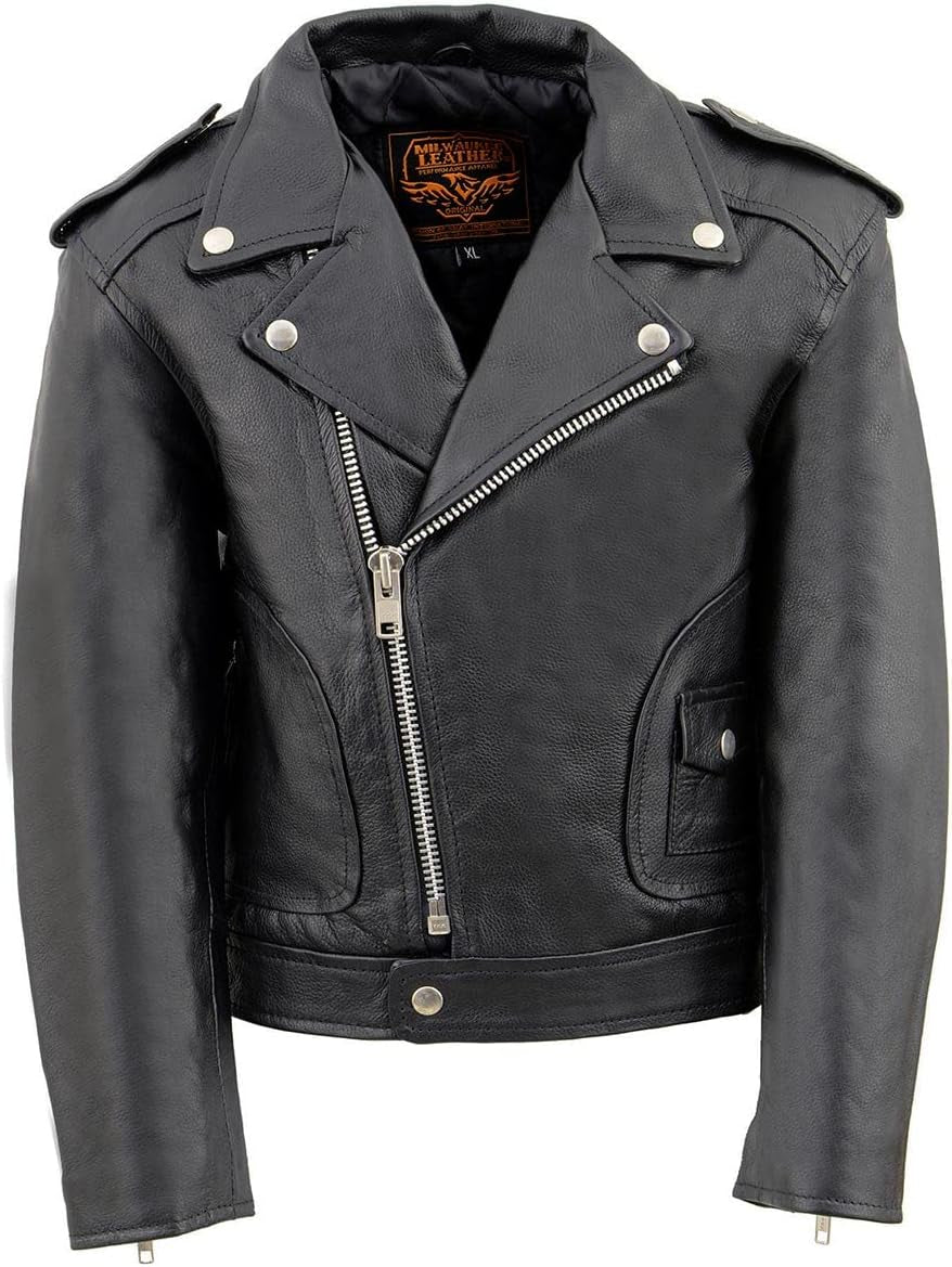 LKK1920 Boy'S Black Classic Leather Biker Jacket with Patch Pocket Style - Large