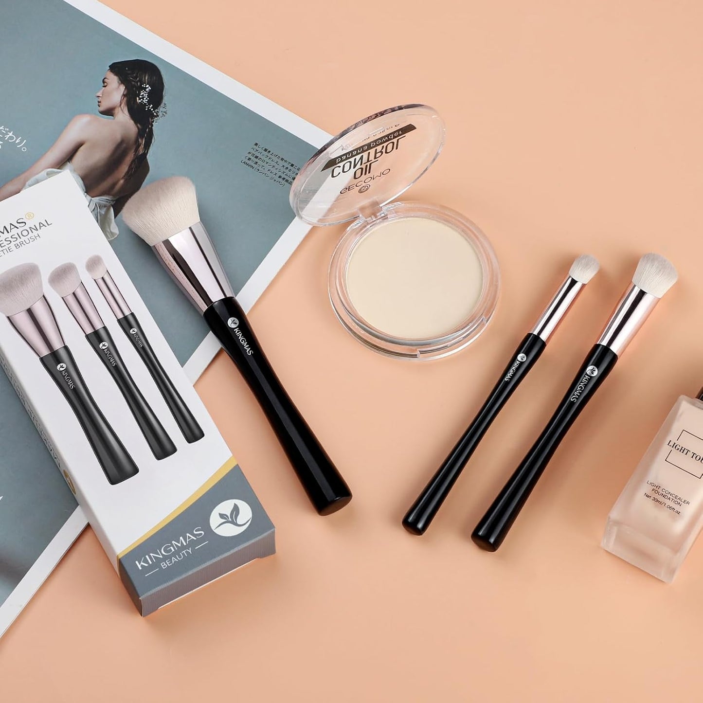 Angled Foundation Brush Concealer Brush, Premium Kabuki Makeup Brush for Liquid, Blending, Cream, Powder, Blush Buffing Stippling Face Makeup Tools White (Black, 3Pcs (170W/270W/370W))