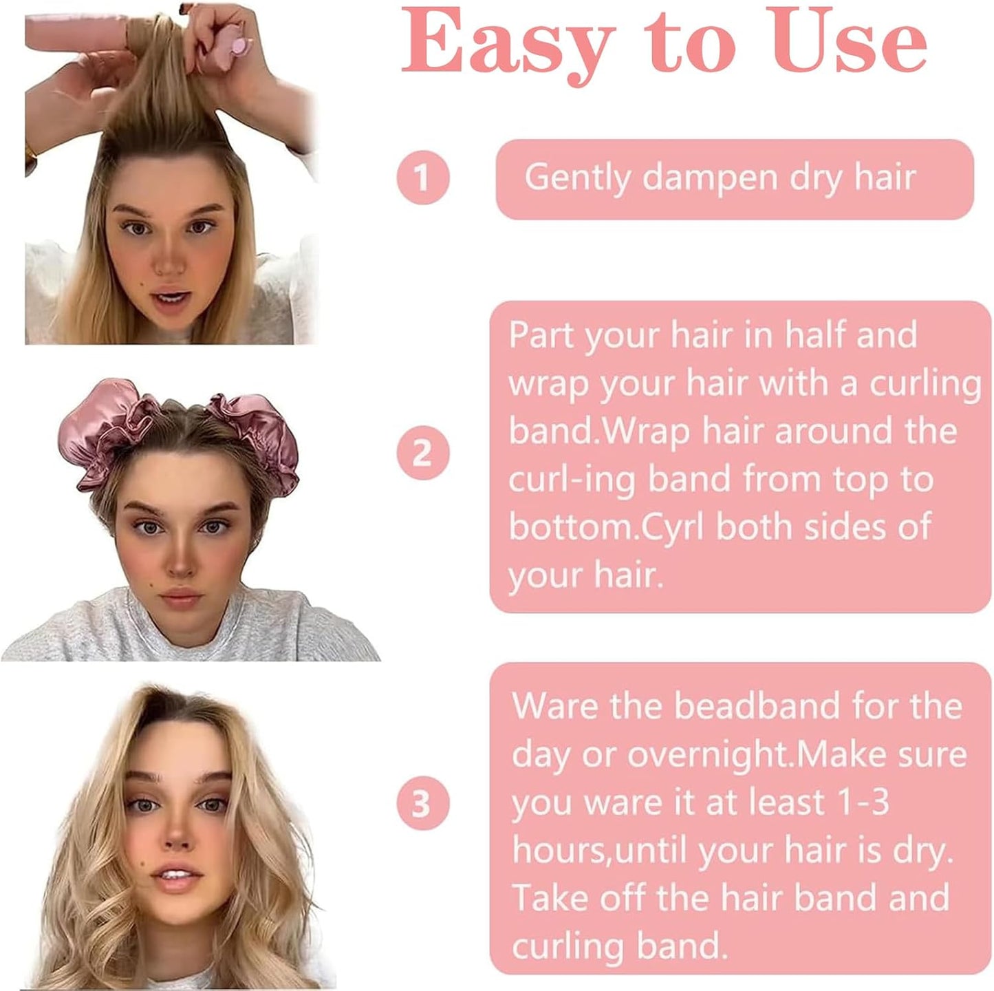 4 Pack No Heat Curls Headband and Cap, Satin Heatless Hair Curling Set for Overnight Curls, Hair Rollers Curler Hair Styling Tools for Hair Types (Pink, Large)