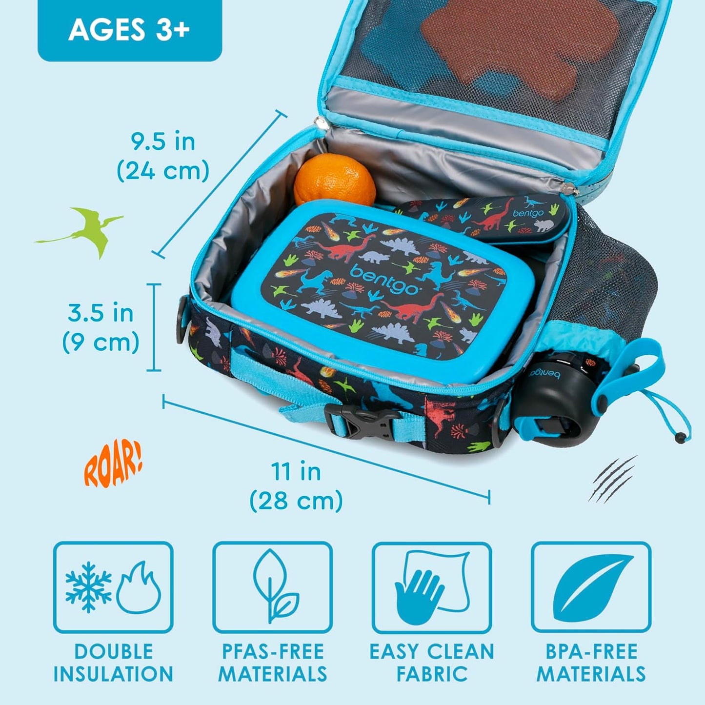 Kids Prints Lunch Bag - Double Insulated, Durable, Water-Resistant Fabric with Interior and Exterior Zippered Pockets and External Bottle Holder- Ideal for Children of All Ages (Dinosaur)