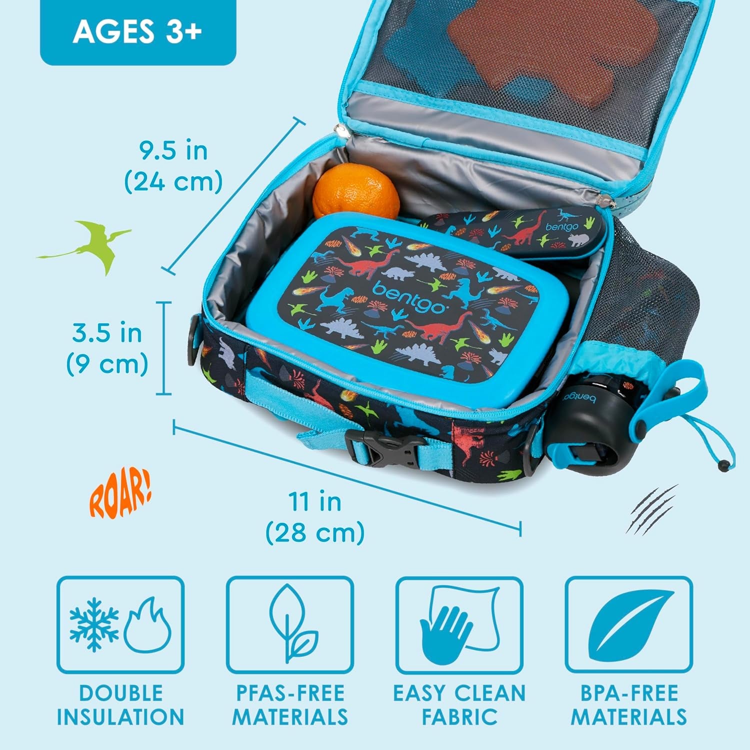 Kids Prints Lunch Bag - Double Insulated, Durable, Water-Resistant Fabric with Interior and Exterior Zippered Pockets and External Bottle Holder- Ideal for Children of All Ages (Dinosaur)