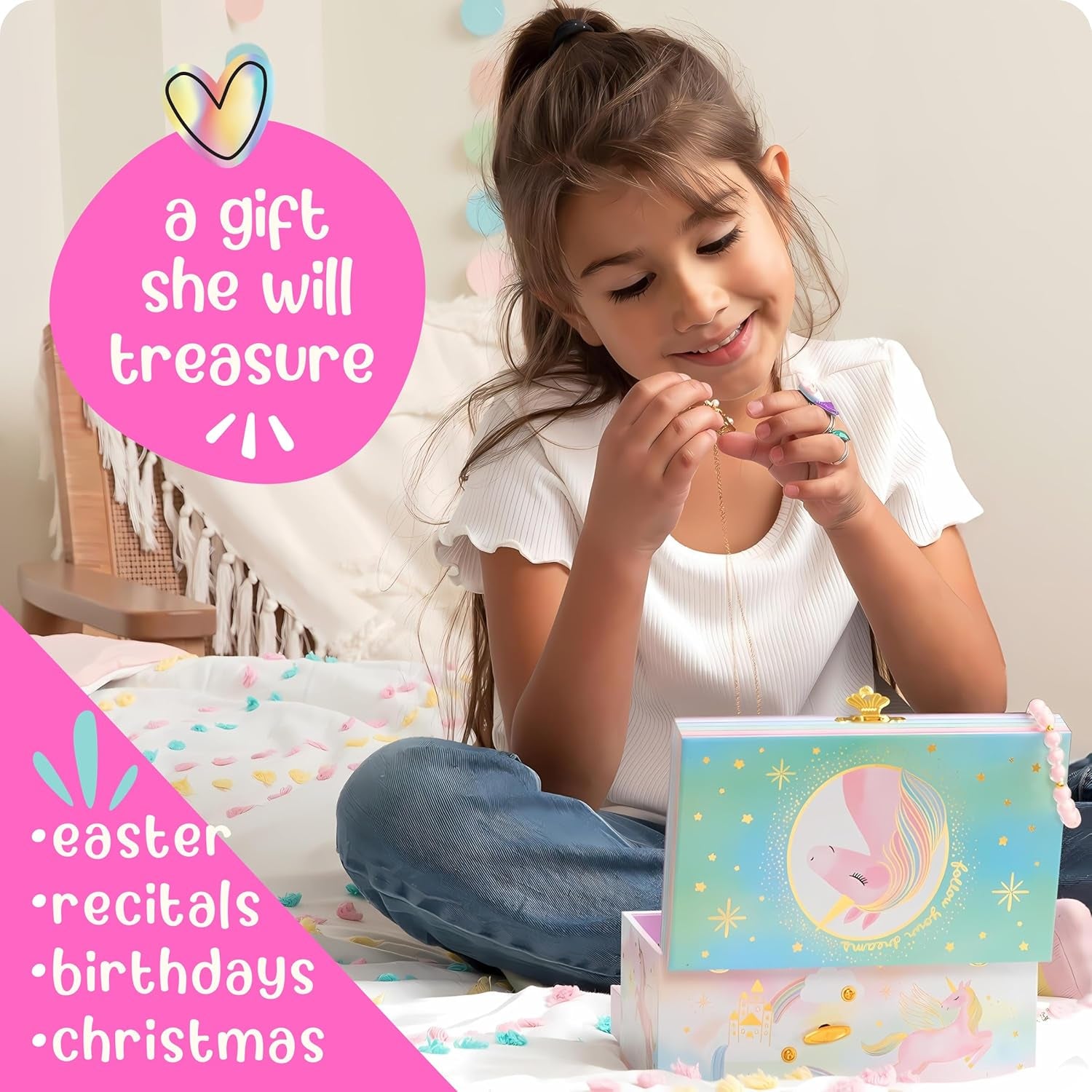 Musical Unicorn Jewelry Box for Girls - Kids Music Box with Spinning Unicorn, Unicorn Birthday Gifts for Little Girls, Jewelry Boxes, 6 X 4.7 X 3.5 in - Ages 3-10