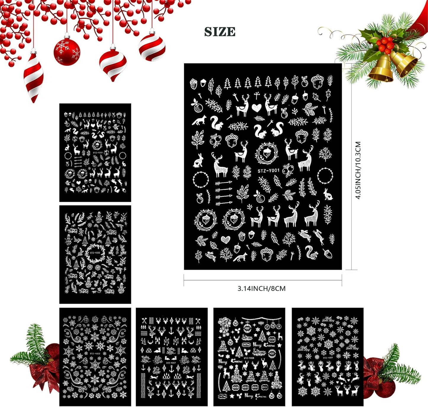 Christmas Nail Art Stickers, Decals-Embossed Snowflakes Stickers White Glitter Self Adhesive Decals-Winter Silver Supplies Nail Art Decoration (Fluorescence-C-6P)