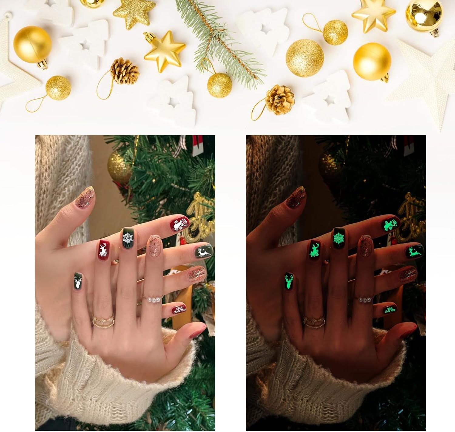 Christmas Nail Art Stickers, Decals-Embossed Snowflakes Stickers White Glitter Self Adhesive Decals-Winter Silver Supplies Nail Art Decoration (Fluorescence-C-6P)