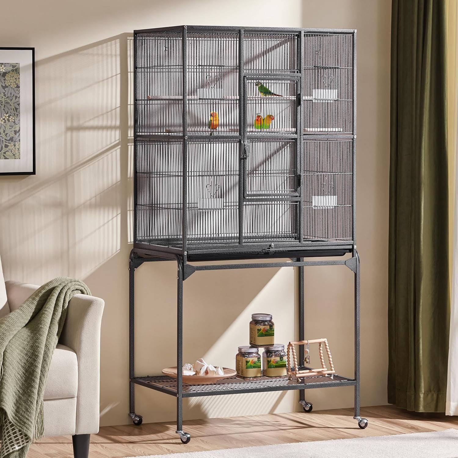 63-Inch Wrought Iron Rolling Large Bird Cage for African Grey Small Quaker Amazon Parrots Cockatiels Sun Parakeet Green Cheek Conure Lovebird Budgie Finch Canary Bird Flight Cage with Stand