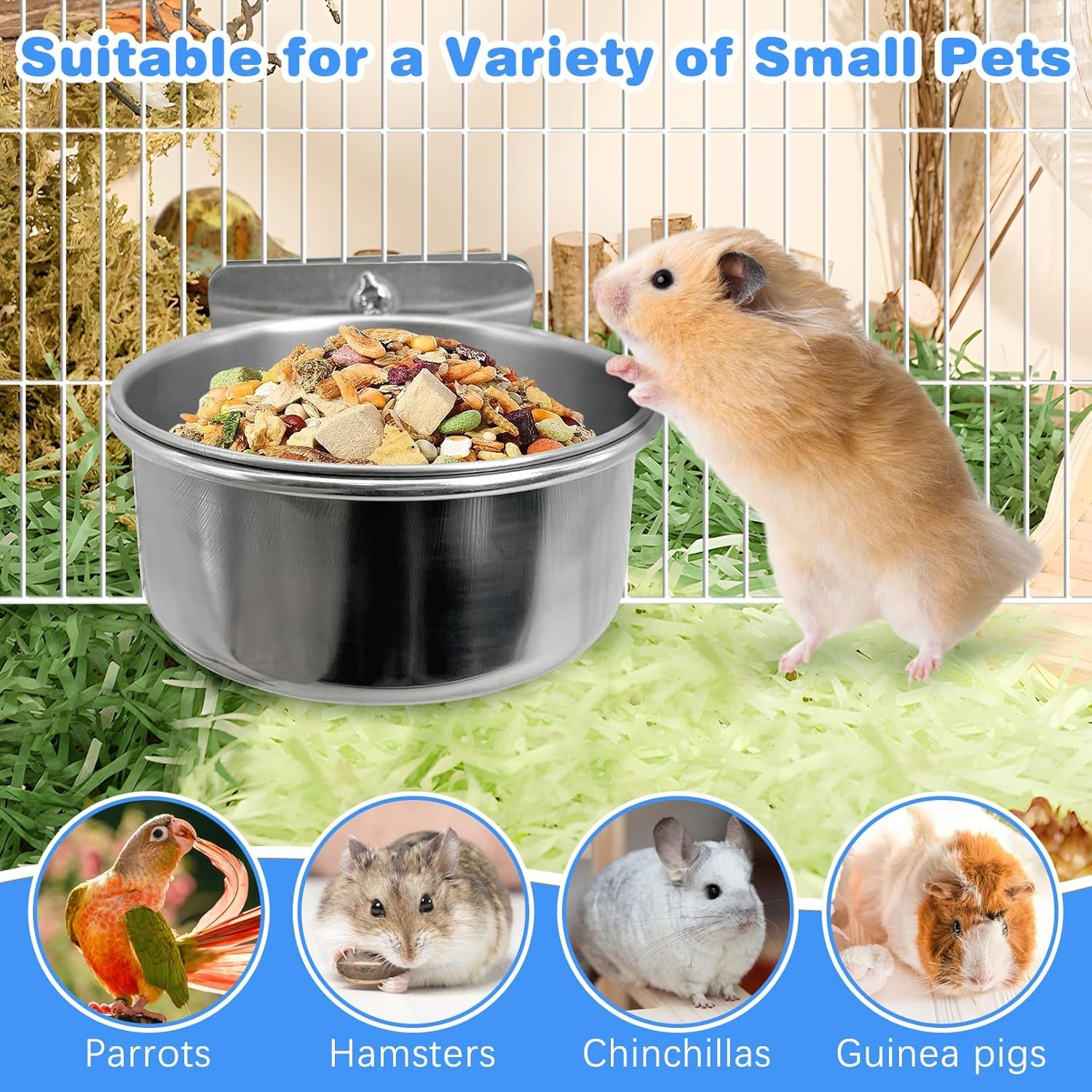 Bird Feeding Dish Cups Parrot Food Bowl Clamp Holder Coop Cup, 2PCS Bird Cage Water Bowl for Parakeet African Greys Conure Cockatiels Lovebird Budgie Chinchilla