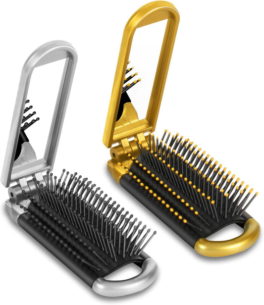Hair Brush Set 2 Packs Mini Travel Folding Hairbrush with Mirror for Women Girls Compact Pocket Size Comb for Purse, Gym, Trip, Swiming (2Pcs, Gold&Silver)