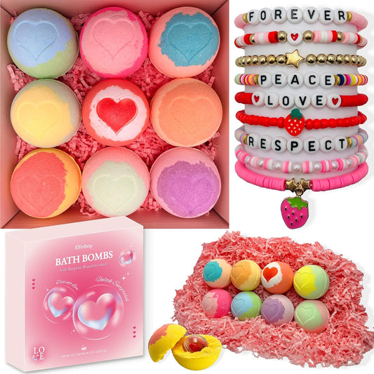 Bath Bombs for Kids with Toys Inside, 9 Pcs Heart Imprint Bath Bomb for Women Toddler Girls, Kids Bath Bombs with Friendship Bracelets Inside, Christmas Birthday Gifts for Women Kid Stocking Stuffers