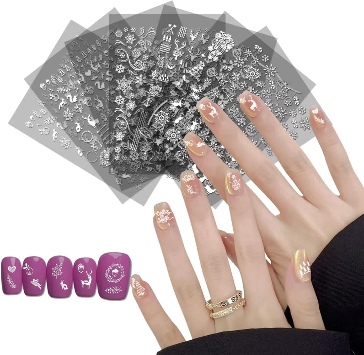 Christmas Nail Art Stickers, Decals-Embossed Snowflakes Stickers White Glitter Self Adhesive Decals-Winter Silver Supplies Nail Art Decoration (Fluorescence-C-6P)