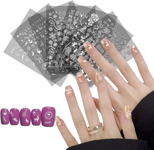 Christmas Nail Art Stickers, Decals-Embossed Snowflakes Stickers White Glitter Self Adhesive Decals-Winter Silver Supplies Nail Art Decoration (Fluorescence-C-6P)