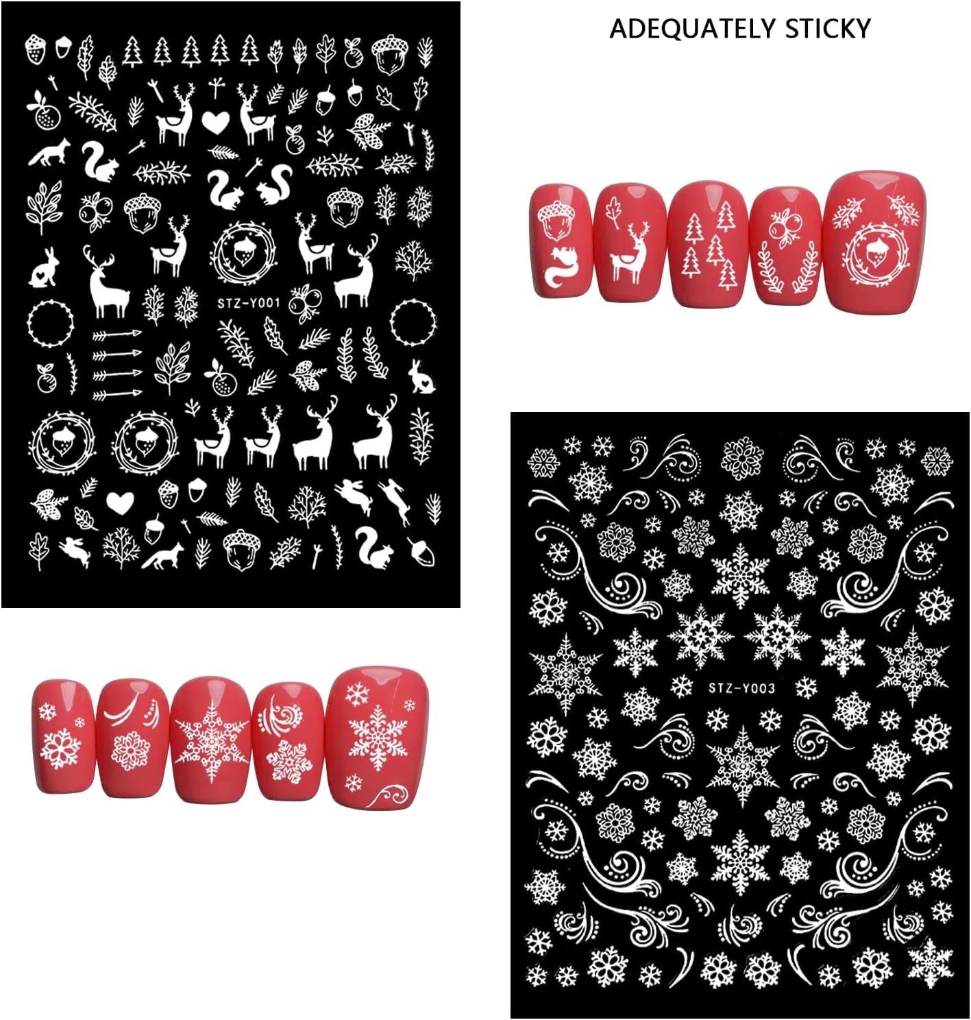 Christmas Nail Art Stickers, Decals-Embossed Snowflakes Stickers White Glitter Self Adhesive Decals-Winter Silver Supplies Nail Art Decoration (Fluorescence-C-6P)