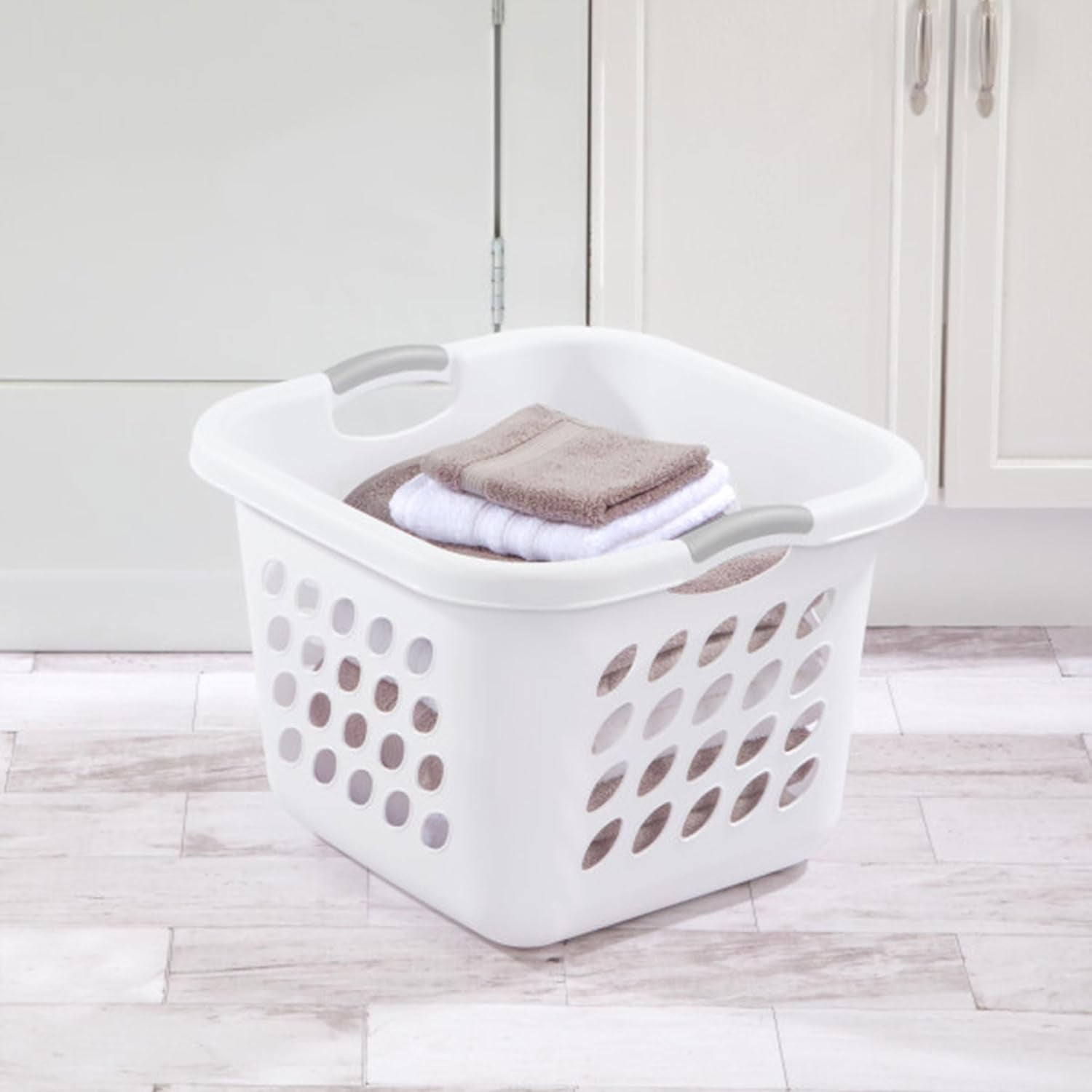 6 Pack Square Laundry Basket, Sturdy Plastic Clothes Hamper, 1.5 Bushel, White - Dirty Clothing Storage Organizer with Handles for Bedroom, Bathroom, and Closet