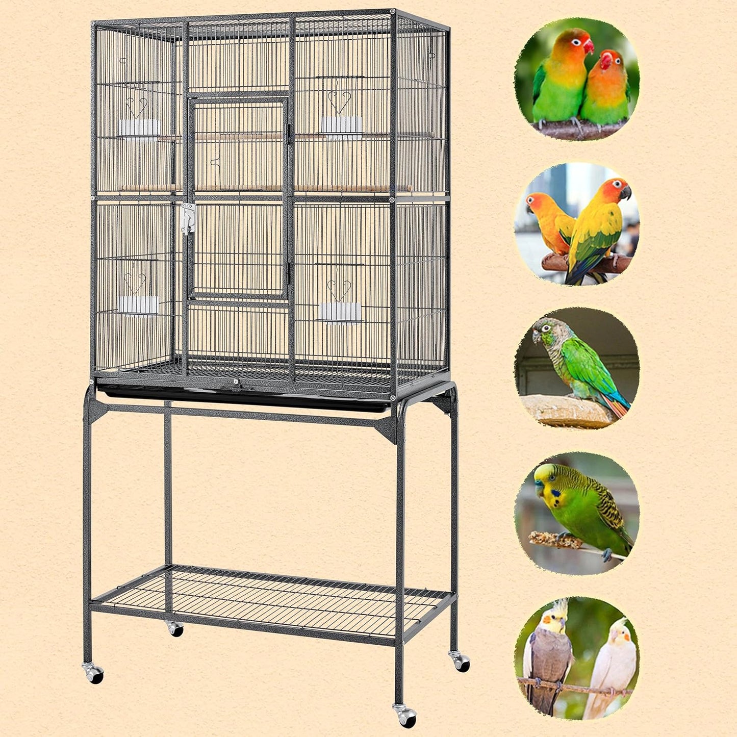 63-Inch Wrought Iron Rolling Large Bird Cage for African Grey Small Quaker Amazon Parrots Cockatiels Sun Parakeet Green Cheek Conure Lovebird Budgie Finch Canary Bird Flight Cage with Stand