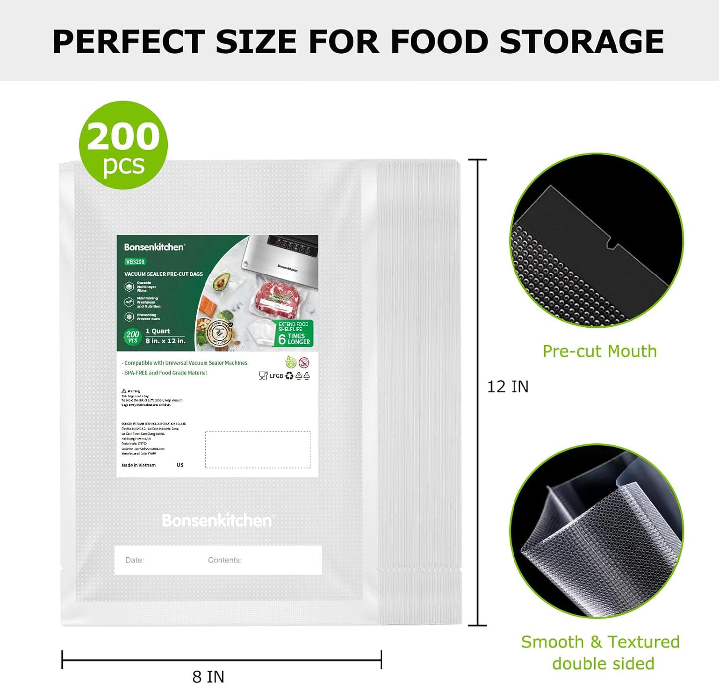 Vacuum Food Sealer Bags 200 Quart 8" X 12", BPA Free, Commercial Grade Textured Food Vacuum Sealer Bag, Thick Embossed Bags for Food Storage and Sous Vide Cooking VB3208