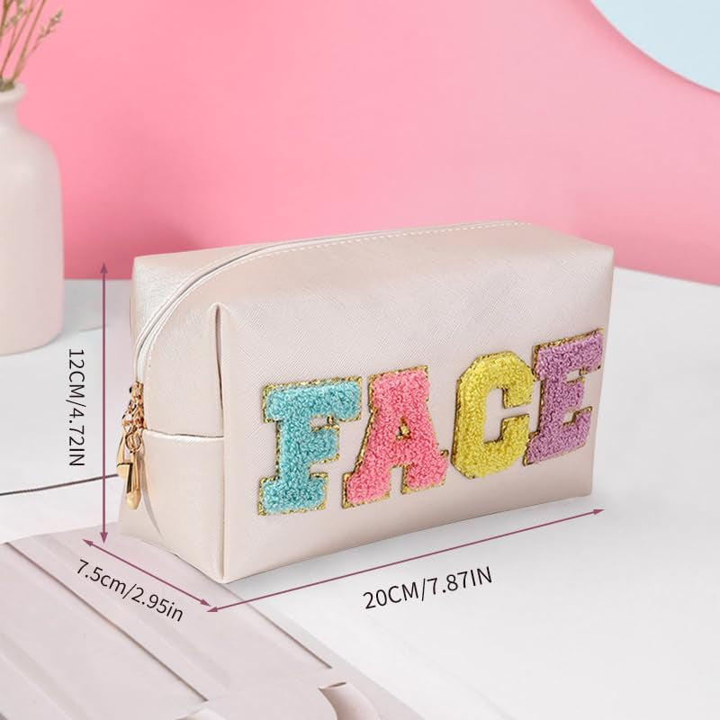 2 Preppy Patch Makeup Bag Chenille Letters Cosmetic Bag Personalized Initial Cute Face Skin Pu Leather Portable Waterproof Toiletry Bag with 1Silicone Keychain Travel Make up Bag for Women Teen Girls